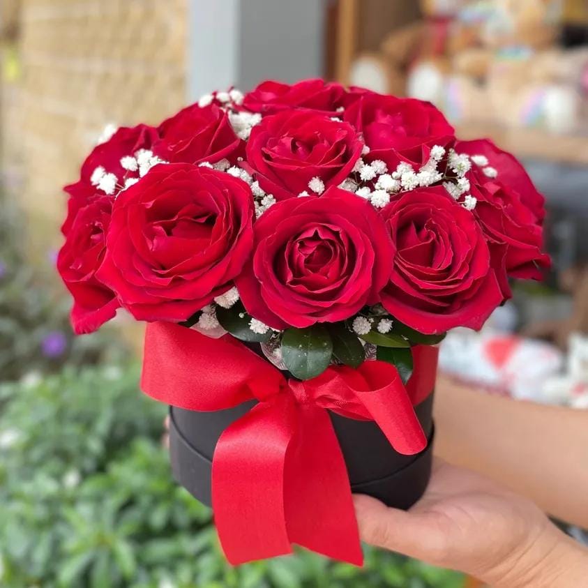 Box com 20 rosas vermelhas e gipsophilas